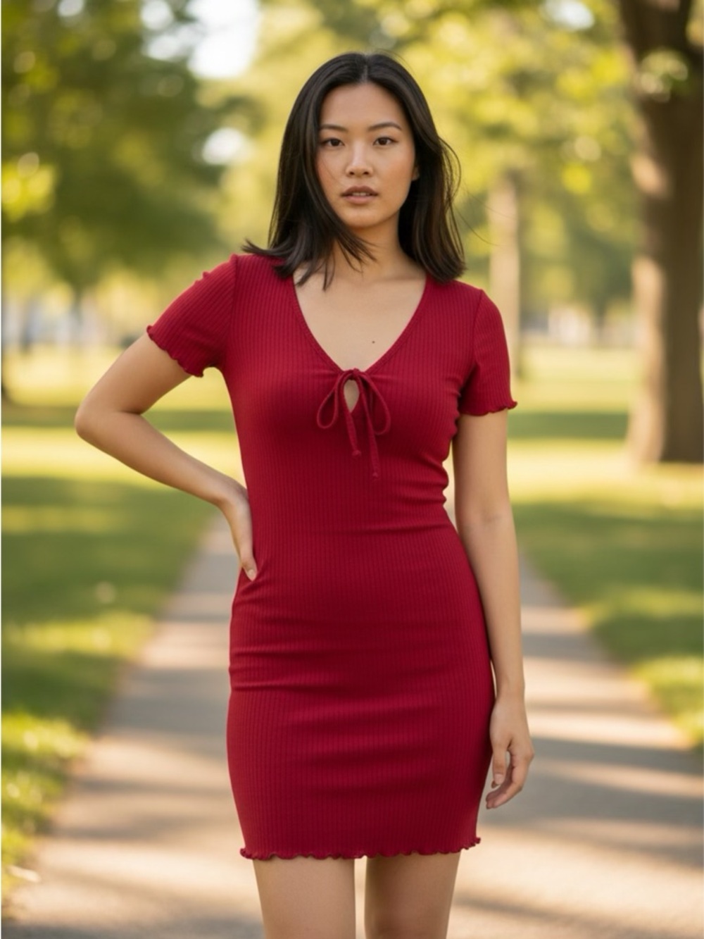 🔥 ALYA Red Bodycon Dress~Women’s Sz Sm~V-Neck w/ Tie & Keyhole Detailing~Ribbed - Picture 5 of 7